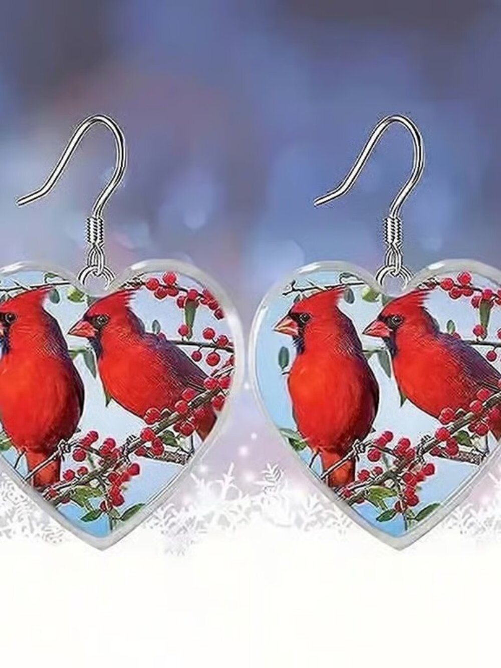 Silver Heart Shaped CARDINAL Dangle Earrings
